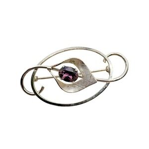 Vintage Van Dell Sterling Silver Modernist Brooch Purple Rhinestone Mid Century
